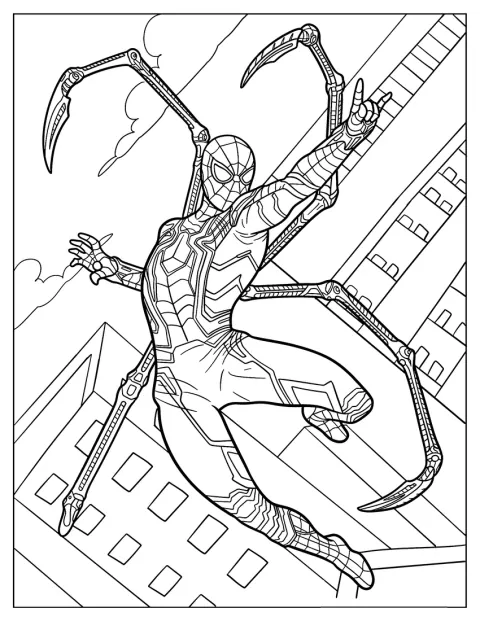 Iron Spider vuela por el aire con su traje de superhéroe.