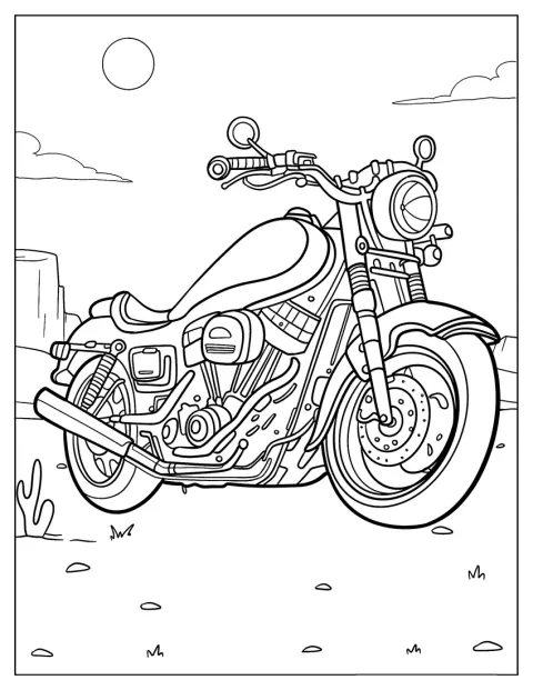 Een moderne Harley Davidson staat in een uitgestrekt woestijnlandschap.
