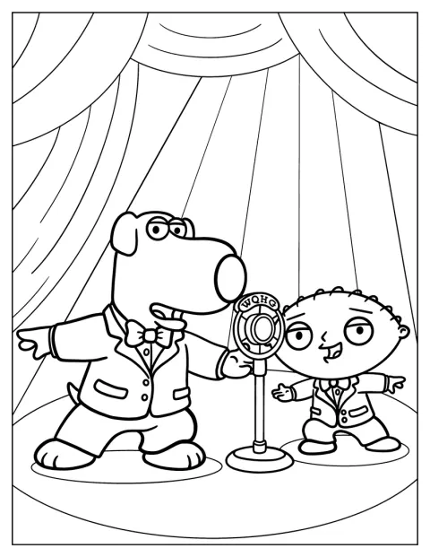Stewie Griffin y Brian Griffin actúan juntos sobre un escenario.