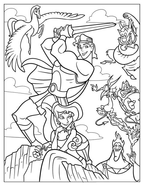 Hercules, Meg, Pegasus, Phil, Hades, Pain ja Panic esiintyvät yhdessä.