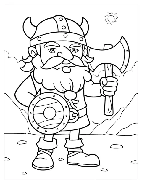 Um viking segura um escudo numa mão e um machado na outra.