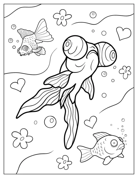 金魚が望遠鏡を持って、水の中にいます。