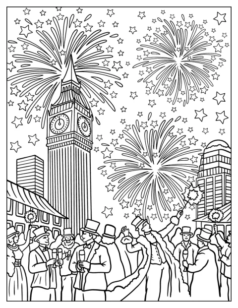 ロンドンのビッグ・ベンの背後で、新年の花火が打ち上がっています。