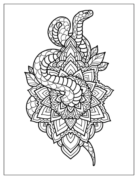 O corpo de uma serpente forma uma mandala com padrões detalhados.