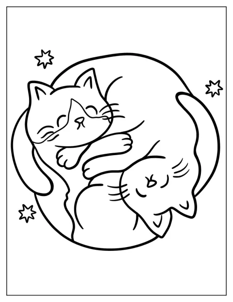 Roztomilá kočka objímá symbol jin-jang.