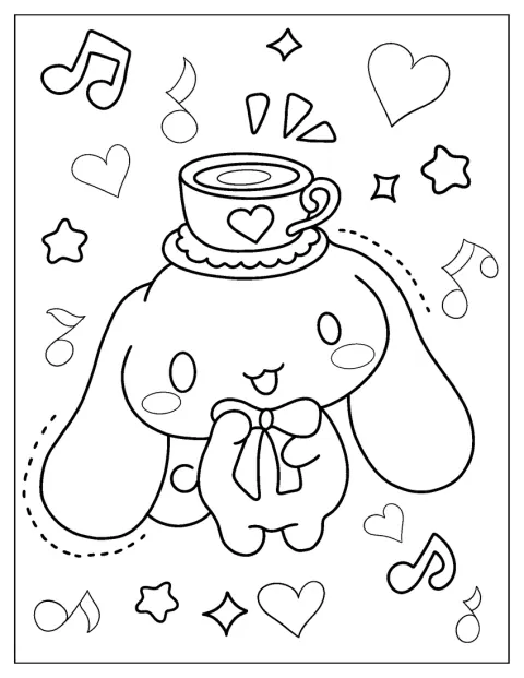 Cinnamoroll trägt eine Teetasse auf dem Kopf.