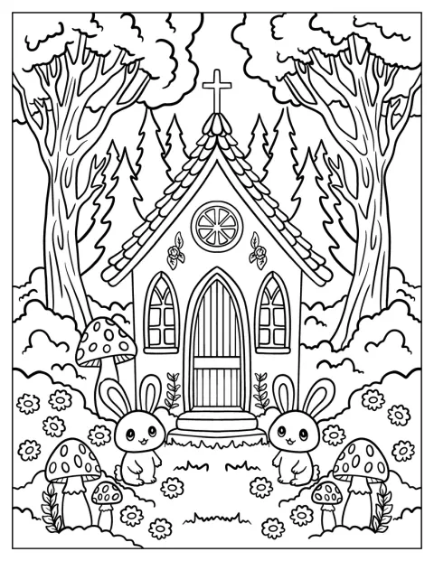 Coelhos e cogumelos rodeiam uma pequena igreja escondida numa floresta de conto de fadas.