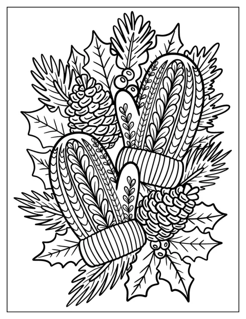 Motivi di foglie decorano le moffole, accompagnate da alcune pigne.