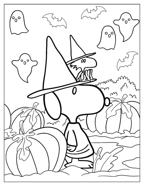 Snoopy sidder blandt græskar i et hyggeligt Halloween-motiv.