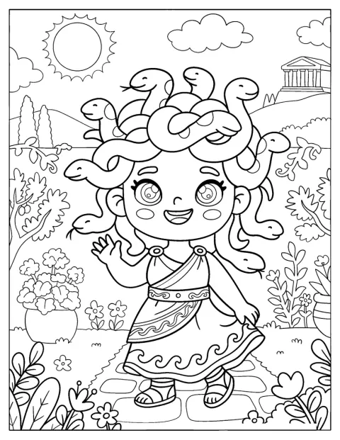 Medusa está de pie entre las plantas de un antiguo jardín griego.