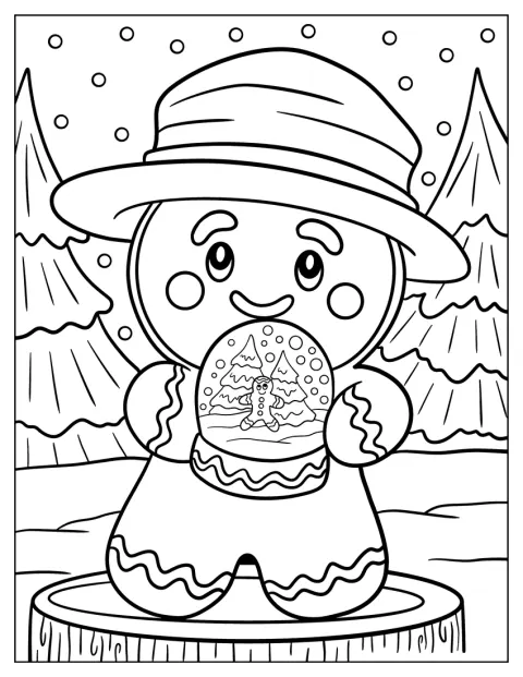 Met een hoed op houdt een peperkoekmannetje een sneeuwbol vast.