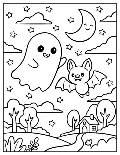 幽霊とコウモリが、月のない夜空を飛んでいます。