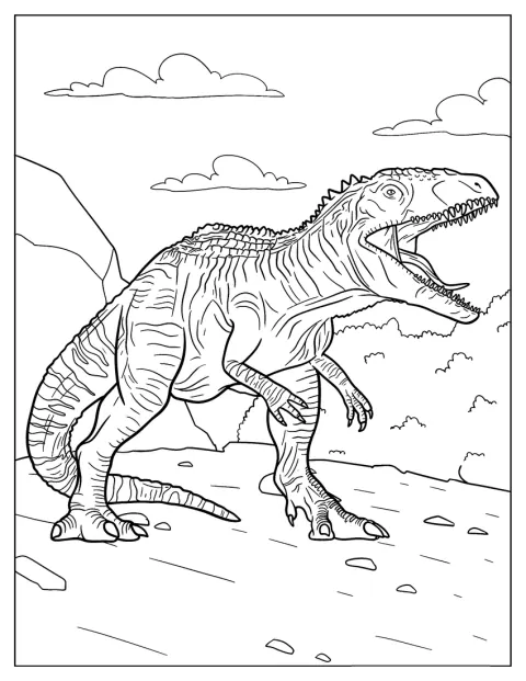 Gigantosaurus odhaluje zuby a jeho tělo pokrývají šupiny.