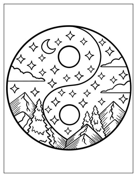 Yin ja yang -symbolin ympärillä kohoavat vuoret tähtitaivaan alla.