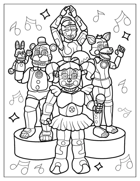Freddy Fazbear, Foxy, Ballora e Circus Baby atuam juntos numa banda.