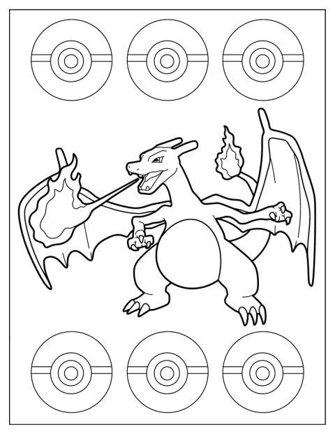Charizard este desenat cu un contur simplu.