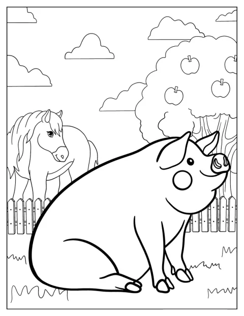 農場で大きなブタと馬が並んでいます。