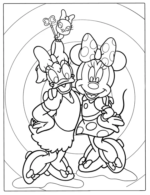 Daisy Duck und Minnie Maus stehen nebeneinander.