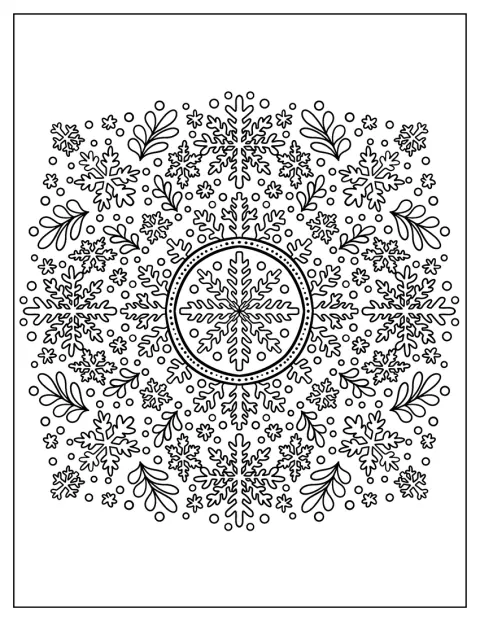 Blader og snøkrystaller danner en dekorativ mandala.