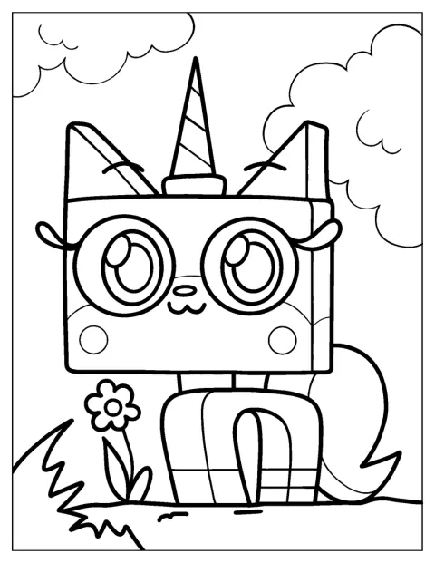 Unikitty aparece de pie con su característica forma de gata unicornio.
