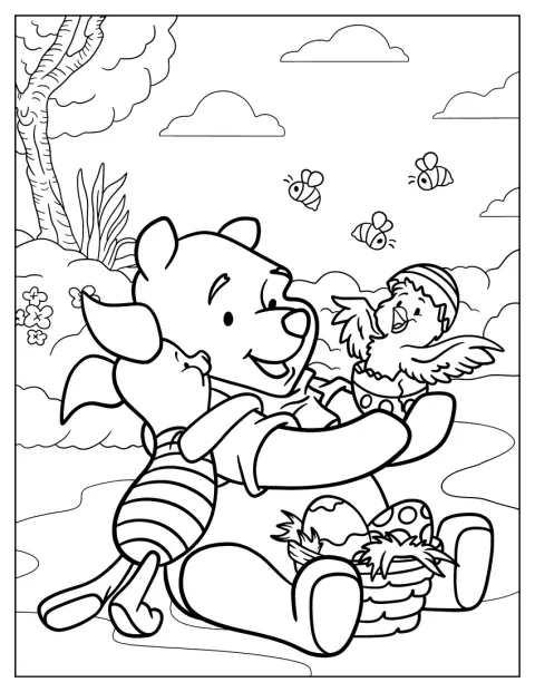 Winnie Puuh und Ferkel halten ein Ei, aus dem ein Küken schlüpft.