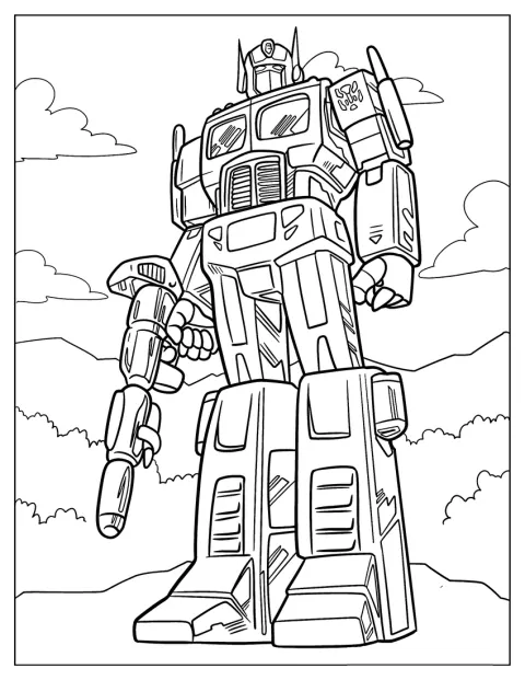 Dans un style de dessin animé simple, Optimus Prime tient son canon à ions.