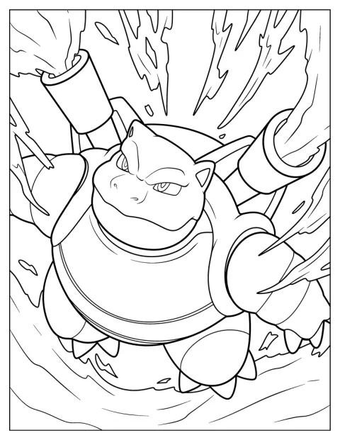 Blastoise ses tæt på, mens den sprøjter vand fra sine kanoner.