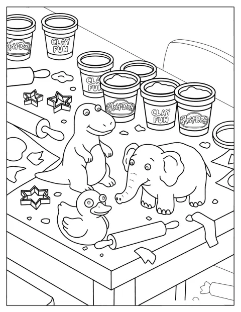 Dyr af Play-Doh står på et bord med hobbyudstyr.