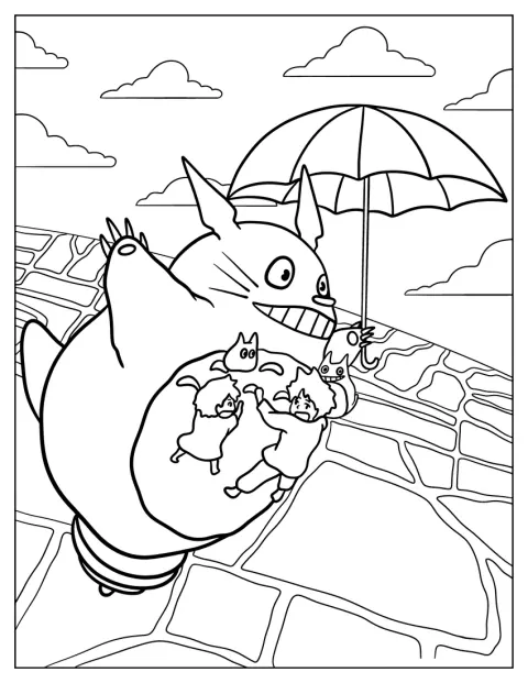 Satsuki și Mei se agață de Totoro și îl îmbrățișează.