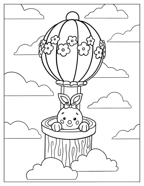 En sød kanin flyver afsted i en luftballon.