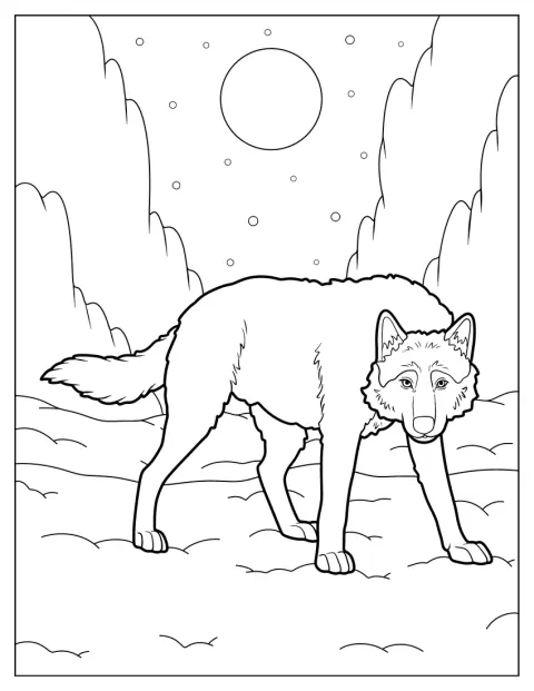 O contorno simples de um lobo destaca-se sobre a lua cheia.