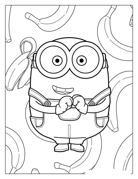 Minionen Bob håller i bananer och ler.