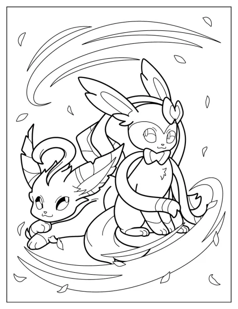 Sylveon staat naast Leafeon.