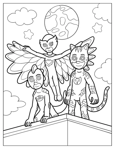 Gekko, Catboy e Owlette volano insieme nel cielo notturno.