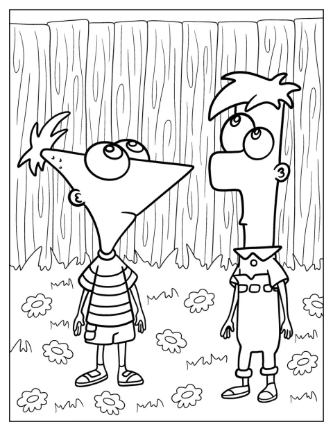 Phineas och Ferb står sida vid sida i en enkel kontur.