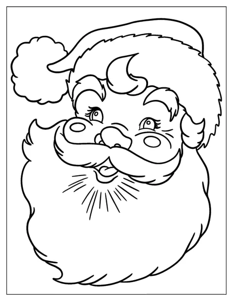 De Kerstman kijkt vriendelijk met zijn grote baard en kerstmuts op.