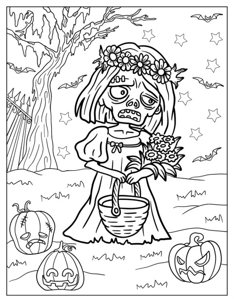 ゾンビの花嫁が花束とバスケットを持っています。