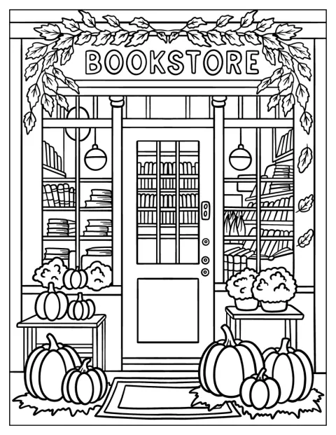 Fall Bookstore Display with Leaves and Gourds Coloring Sheet
