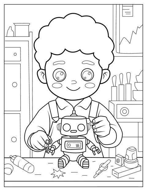 Um menino brinca com um robot simpático.