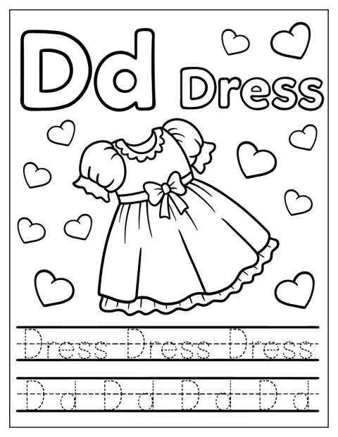 La letra D y un vestido decorado con corazones aparecen en una ficha para repasar.