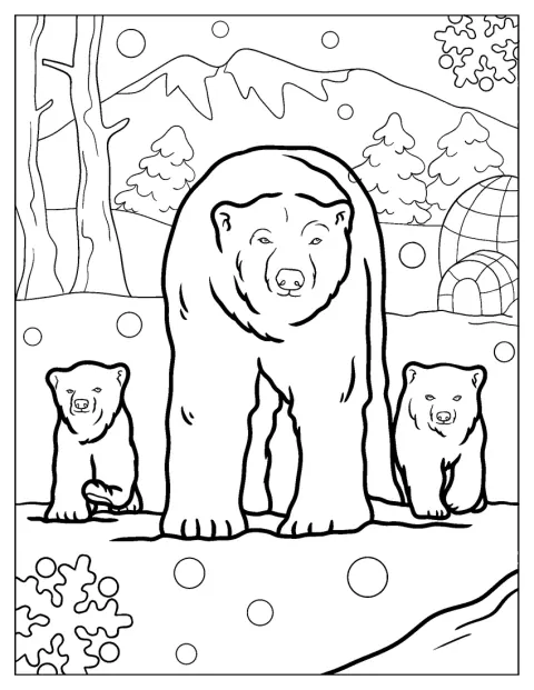 雪の降る日に、ホッキョクグマが子どもたちと過ごしています。