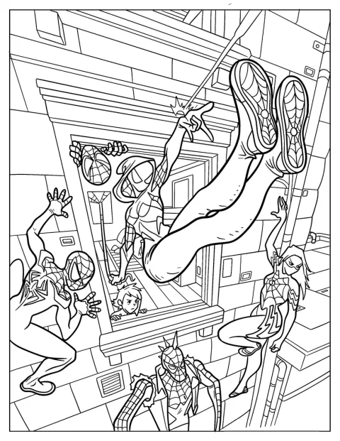 スパイダーグウェンが窓からウェブを使って飛び出しています。