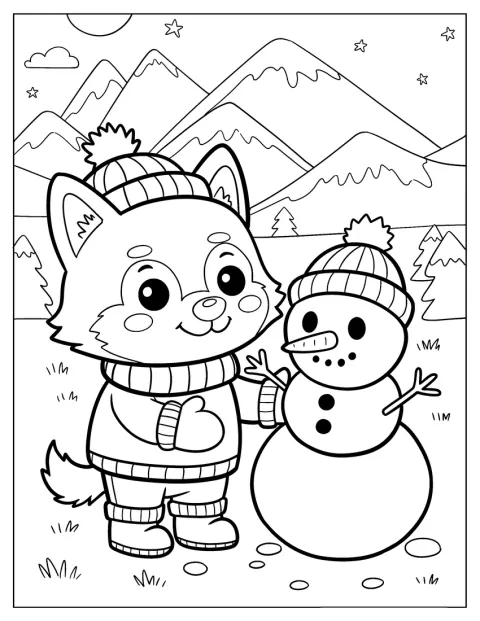 Un cachorro de lobo de estilo kawaii construye un muñeco de nieve en las montañas.