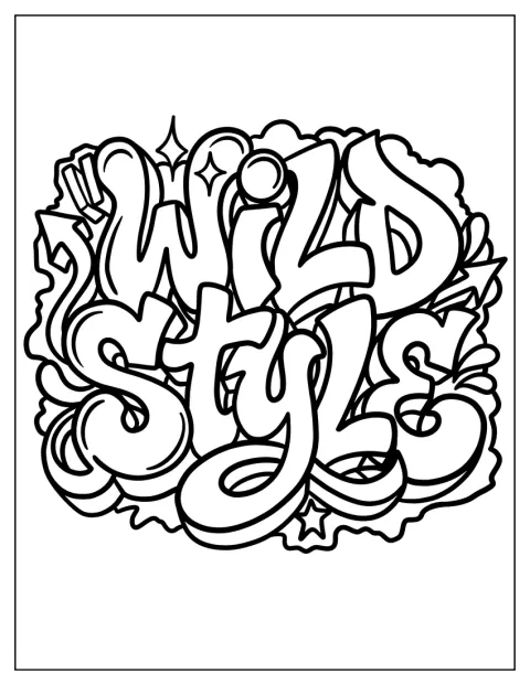 Des volutes et des étoiles entourent un lettrage graffiti wildstyle.