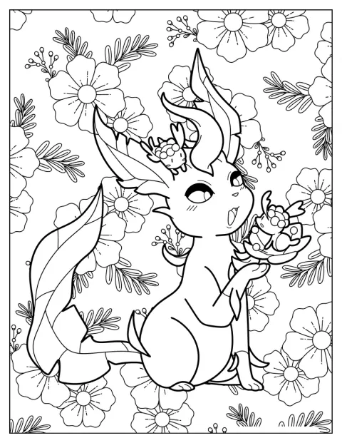 Leafeon trzyma przy sobie kilka maleńkich Leafeonów.