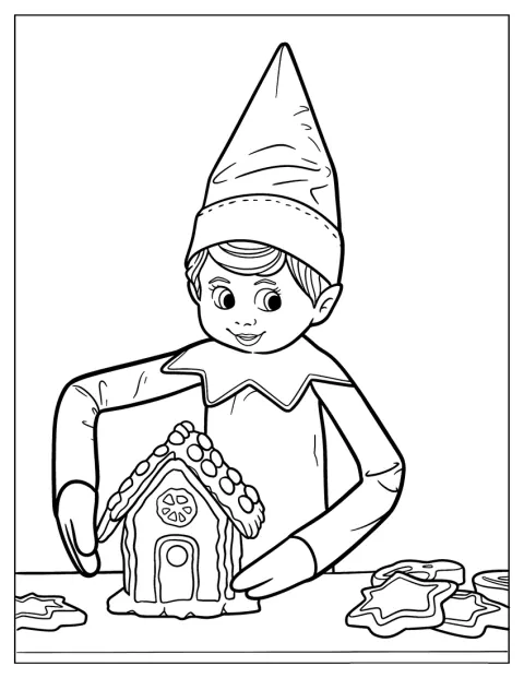 Elf on the Shelf bygger ett pepparkakshus bland julkakor.
