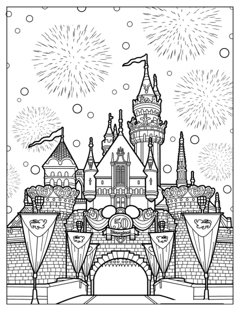 Fyrværkeri lyser himlen op over Disneyland-slottet ved parkens 50-års jubilæum.