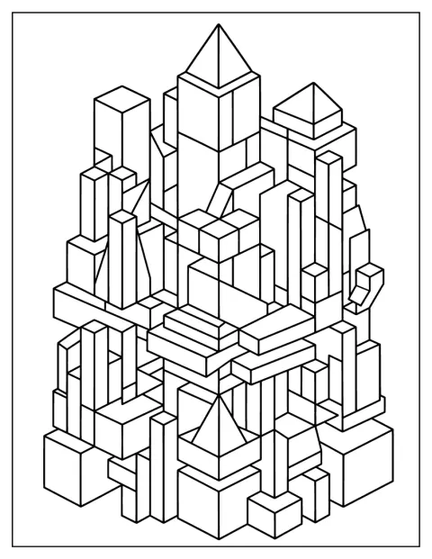 Geometriska former skildrar en abstrakt stadssiluett.