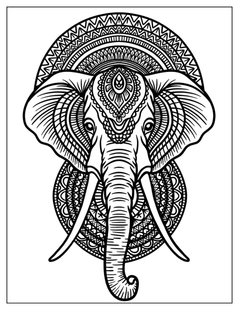 Pitkäsyöksyhampainen elefantti seisoo koristeellisen mandalan keskellä.