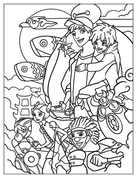 Tadashi, Hiro, Baymax, GoGo, Honey, Fred und Wasabi sind gemeinsam auf einem Poster zu sehen.